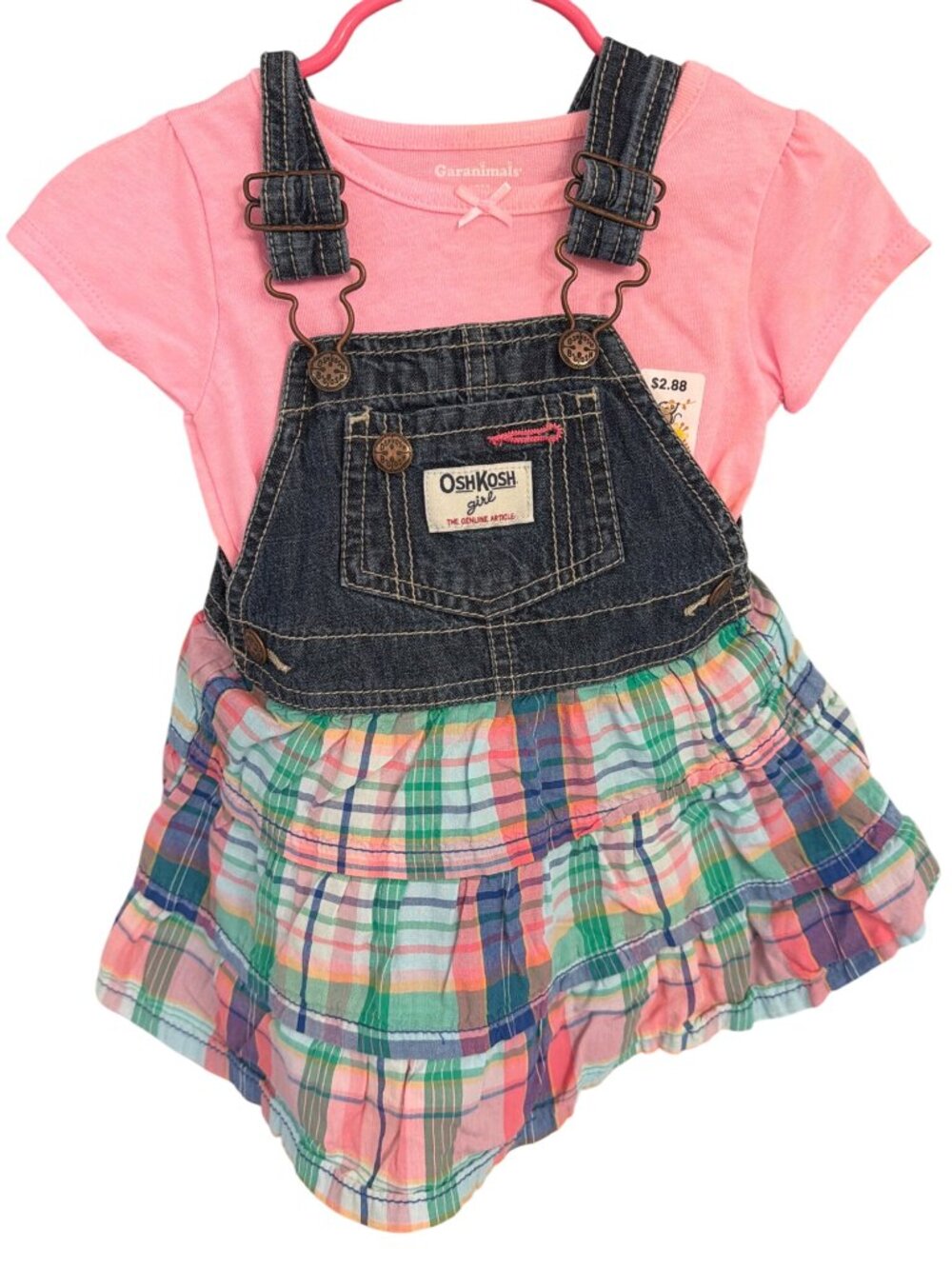 OshKosh BGosh Girl Denim Jumper Dress With Pink Plaid Ruffle Skirt & Tee 12 Mont